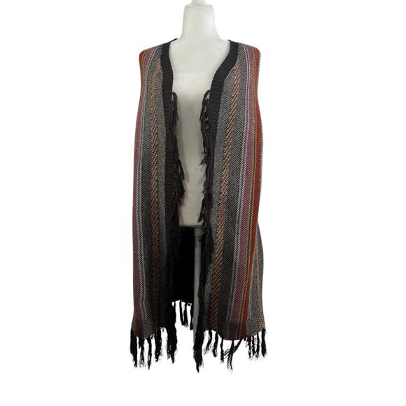 Wrangler New Brown Striped Fringe Sweater Vest Open Front Long Line Cardigan S - Picture 2 of 14